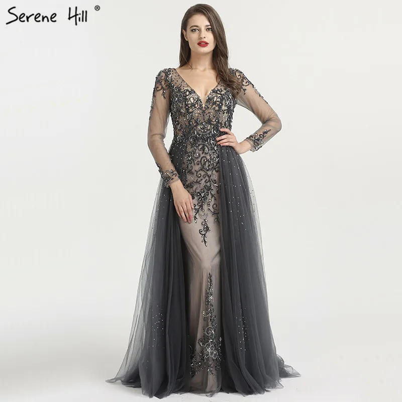 Grey Serene Hill Elegant Sexy V-Neck Long Sleeves Evening Dress Mermaid With Train Formal Party Gown Multiple Color CLA6571 - Цвет: Grey
