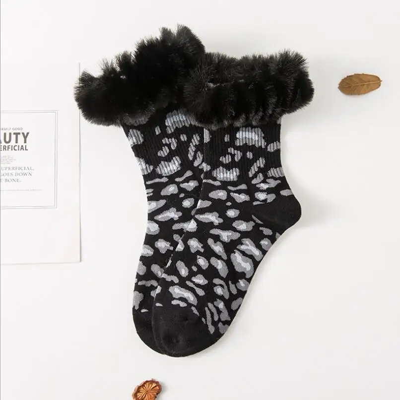 Women Solid Leopard Cotton Socks Faux Fur Cuff Girls Warm Winter Socks Leopard Ankle Socks Crew Socks Short Socks 8/10 Pairs/lot