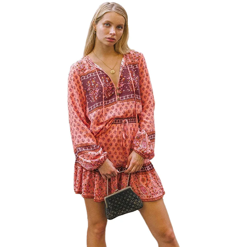 

[DEAT] V-necck New Bohemian Style Printed Lantern Long Sleeve Neckline Tie A-line Short Skirt Two Piece Set 2021 Summer GX990