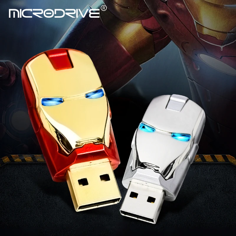 Железный человек, USB флеш-накопитель, 8 ГБ, 16 ГБ, 32 ГБ, 64 ГБ, 128 ГБ, металлический USB флеш-накопитель, светодиодный светильник, флеш-накопители, флеш-накопители, мужской подарок