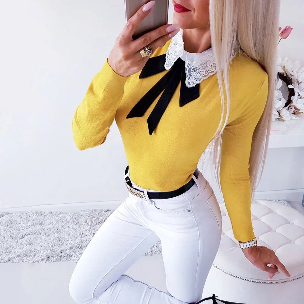 Элегантные вязаные топы с вышивкой и отложным воротником бантом офисный женский