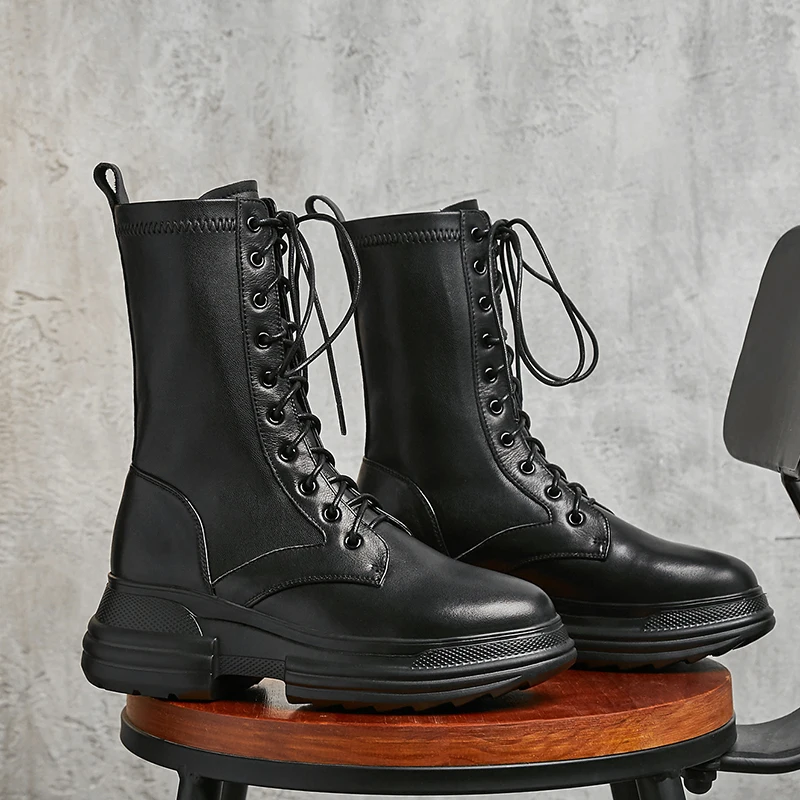 

Женские ботинки из натуральной кожи, на платформе, со шнуровкой, мотоциклетные, Осенние, до середины икры