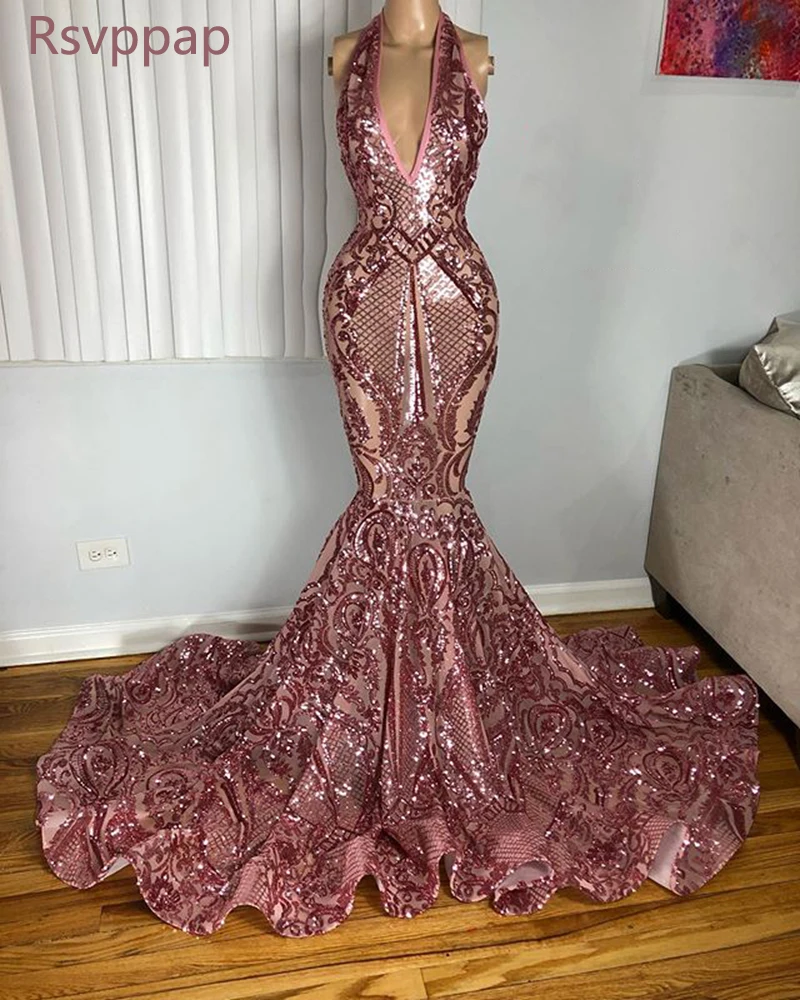 Sparkly Long Mermaid Prom Dresses 2020 Sexy Slim Rose Gold Sequined African Black Girls Party Dress For Women | Свадьбы и торжества