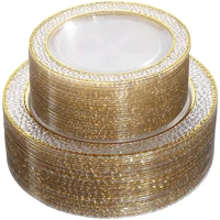20 disposable tableware transparent crystal design golden plastic plate combination suitable for all kinds of holiday parties