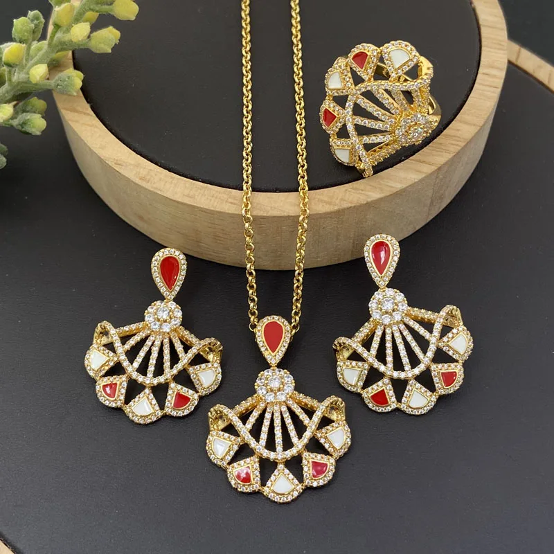 

Lanyika Fashion Jewelry Set Graceful Skirt Drip Oil Micro Inlay Necklace with Earring and Ring for Women Banquet Party Best Gift