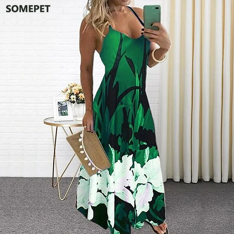 

S-5XL Summer Casual Women Maxi Dress Sexy Robe Floral Printed Long Dress Sleeveless V-neck Plus Size Women Dress Loose Vestidos
