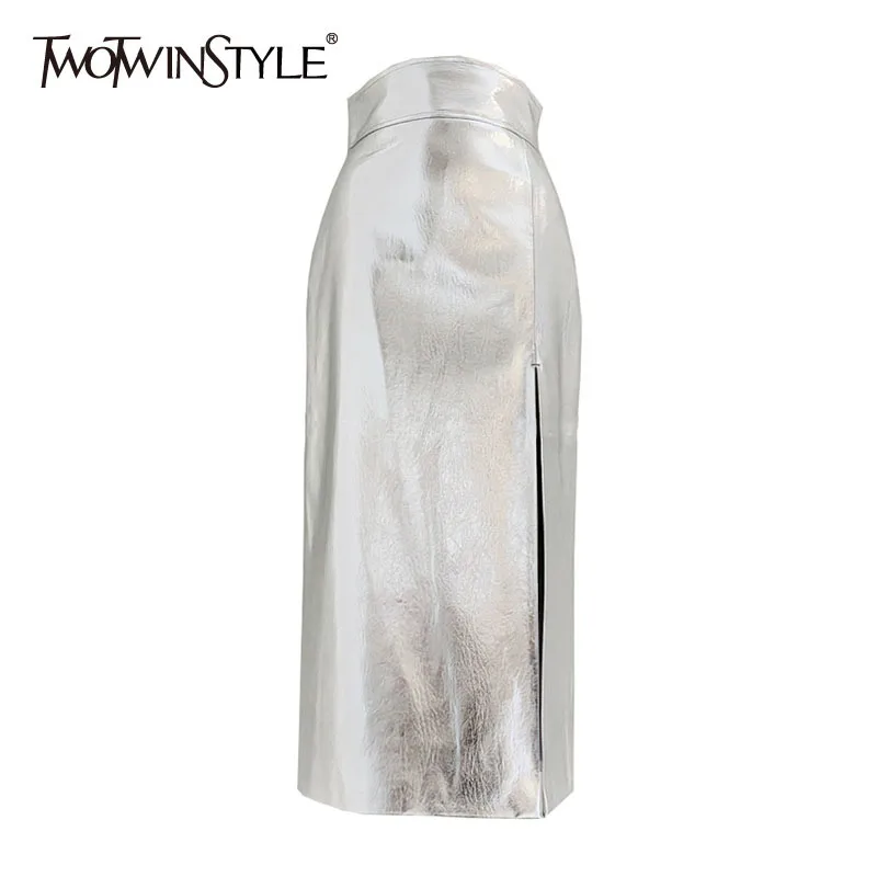 

Женская юбка средней длины TWOTWINSTYLE, Весенняя облегающая юбка из искусственной кожи с высокой талией и разрезом, 2021