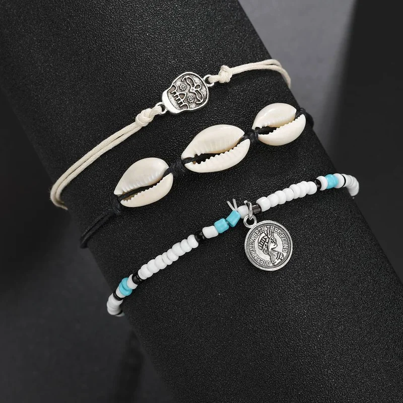 3pcs/set new design shell coin skull pendant anklet for women bohemian bead chain foot jewelry summer girl statement bracelet | Украшения и