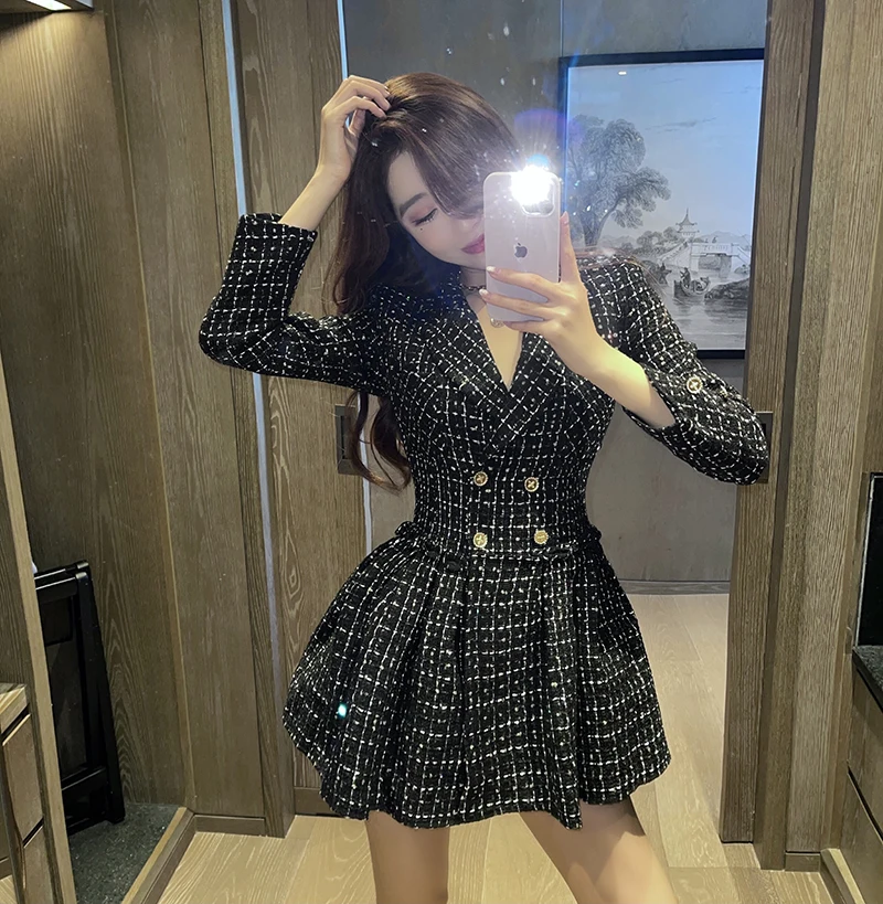 

Autumn Winter New Women's Elegant Tweed Temperament Suit Double Breasted High Waist Slim Pleated Plaid Black Mini Dress