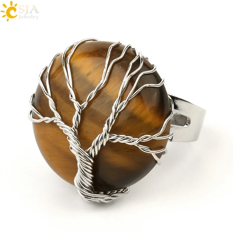 Tiger Eye CSJA Натуральный камень круглый кабошон кольцо серебро Цвет рейки "Древо жизни" проволочный Обёрточная бумага перстни Размеры размер можно регулировать для Для женщин Для мужчин G241 - Цвет основного камня: Tiger Eye