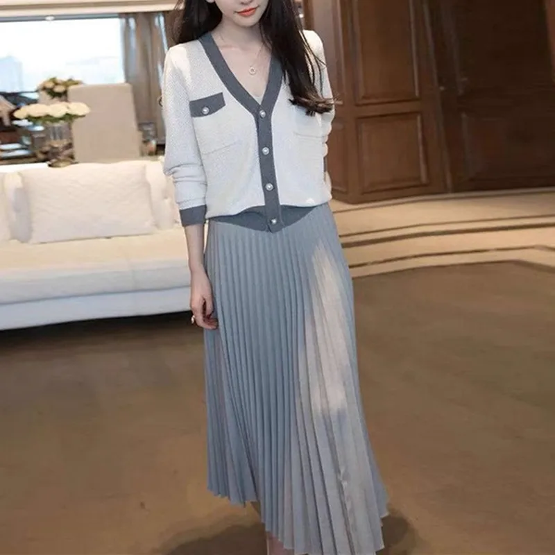 

Knit Two Piece Women Sets Cardigan Top and High Waist Pleated Skirt Suit Elegant 2022 Spring Fall Autumn Knitwear Outfits Female