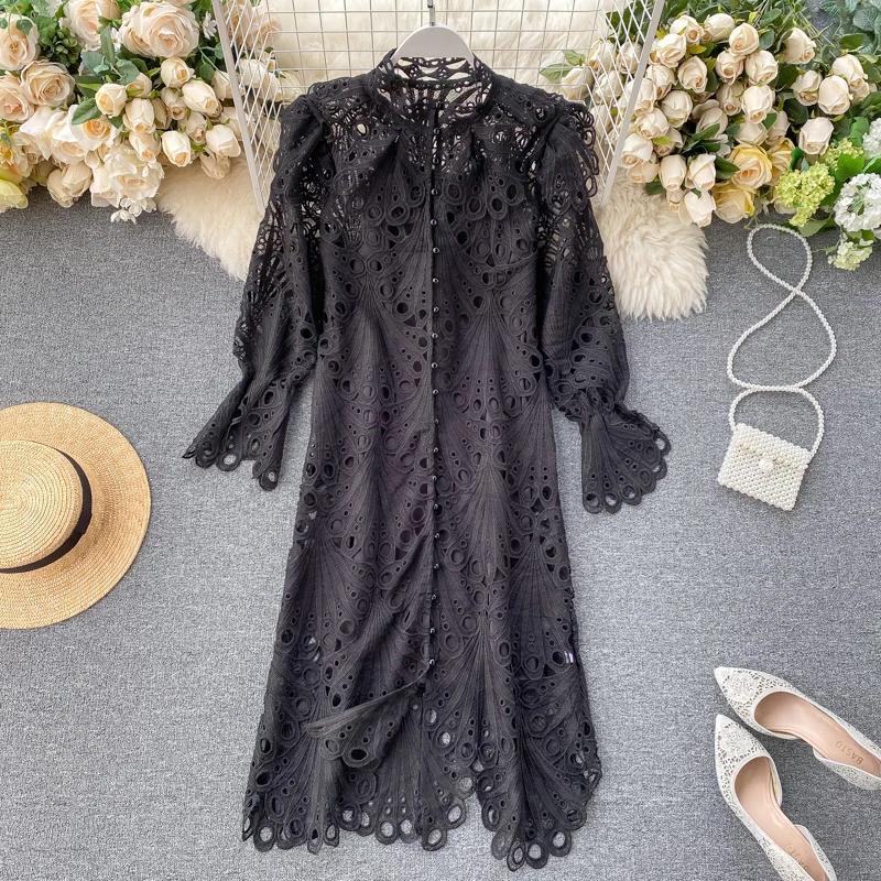

vintage women's hollow out lace dresses lady straight lace dress