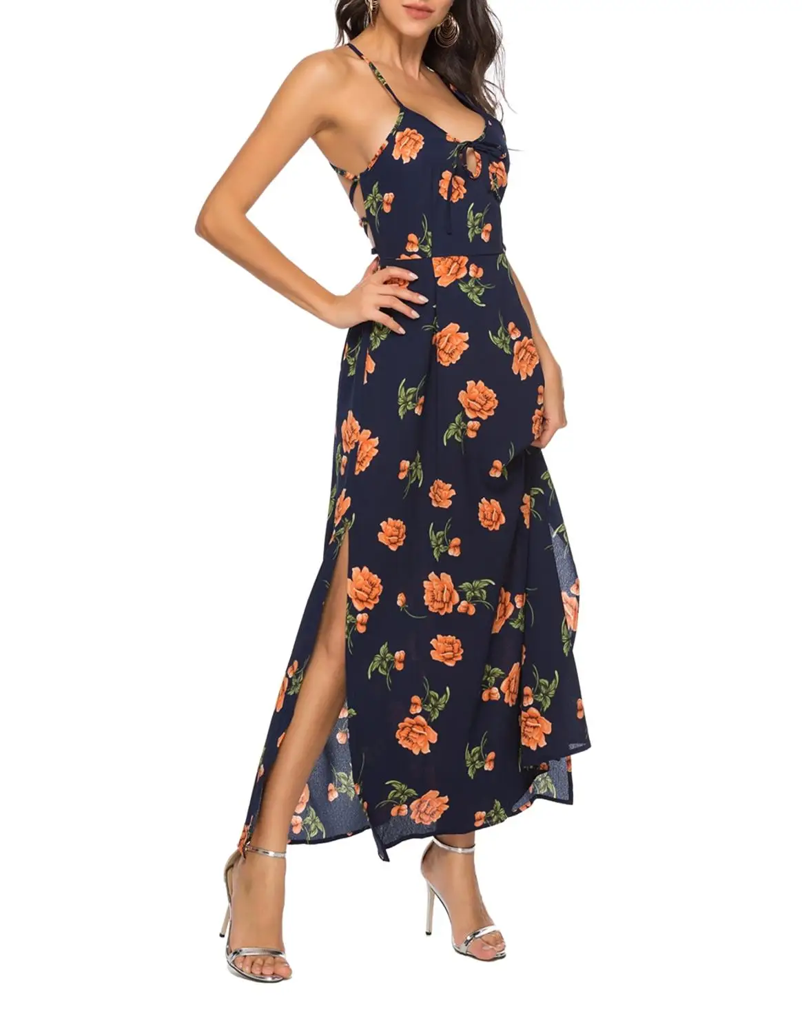 Женское летнее длинное платье с V образным вырезом и открытой спиной|Женские