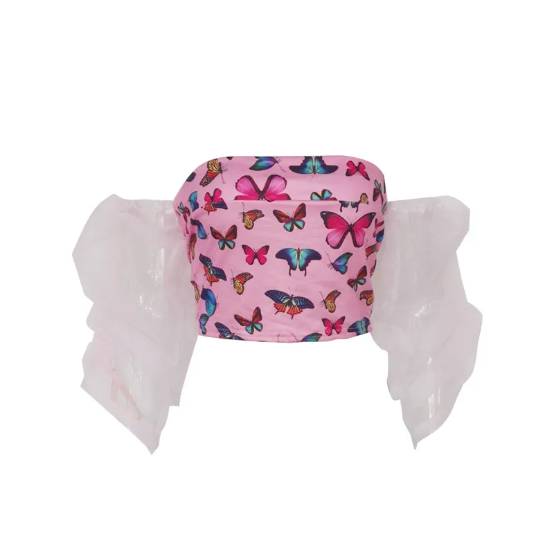 

Women Sexy See-Through Mesh Shirt Off Shoulder Long Sleeve Bodycon Navel Crop Top Harajuku Colorful Butterfly Printed Streetwear