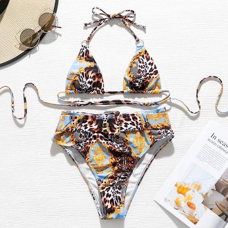 

Mossha Retro bikini set High waist bathing suit Vintage print swimwear women Halter bandage swimsuit female 2020 swimming suit