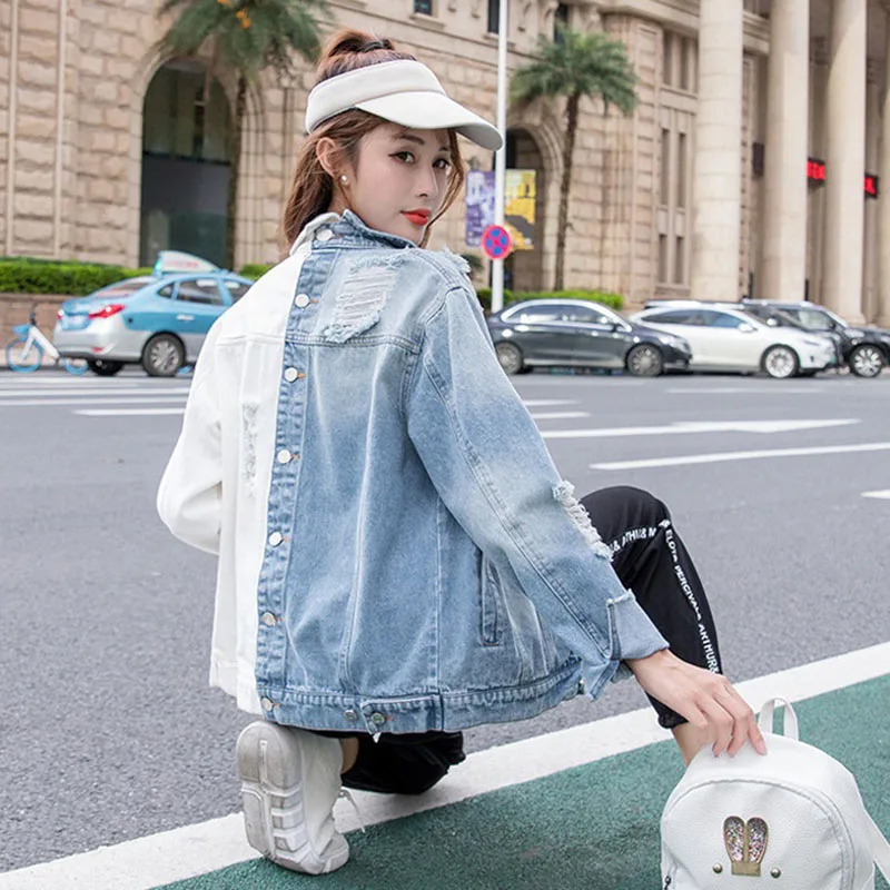 Размера плюс джинсовая куртка 2021 Весна Осенняя женская обувь синего цвета-белый