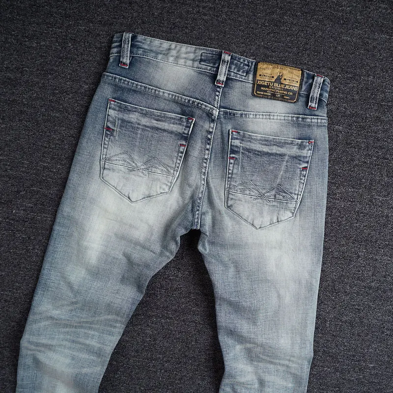 European Vintage Fashion Men Jeans Retro Light Blue Elastic Slim Fit Ripped Jeans Men Patchwork Designer Casual Denim Pants