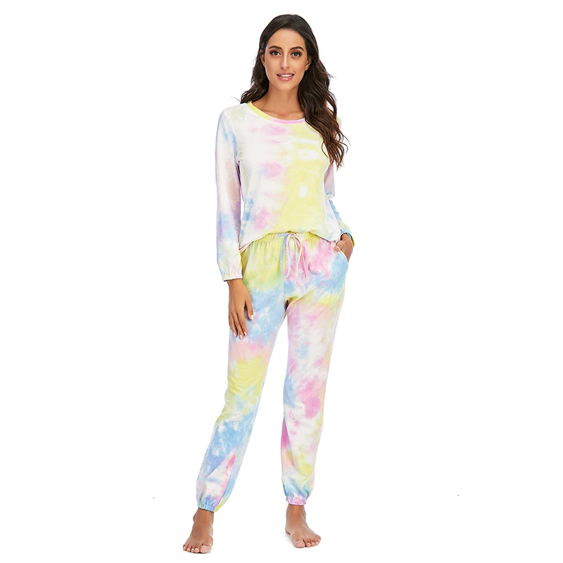 

Aamikast Womens Tie Dye Printed Pajamas Set Long Sleeve Tops with Elastic Waist Pants Casual Sleepwear pijamas