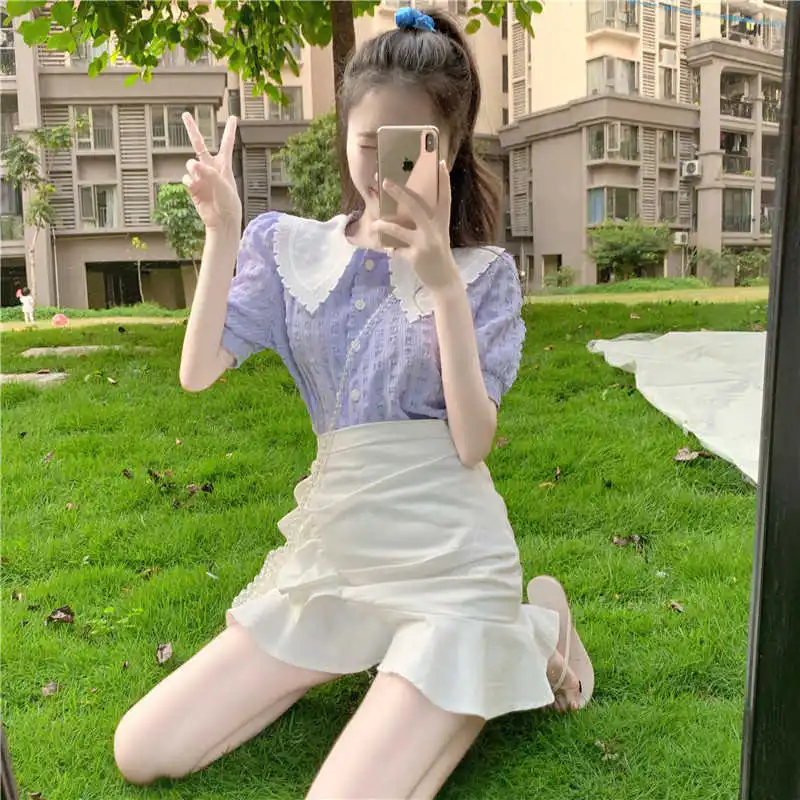 Рубашка контрастных цветов с воротником Питер Пэн и пышными рукавами +