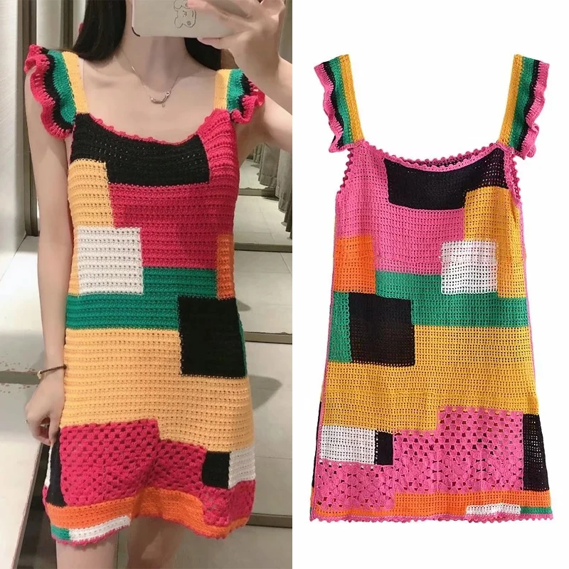

Za 2021 Crochet Dress Woman Patchwork Mini Knitted Dress Women Cut Out Short Dresses Ruffle Wide Straps Summer Dresses
