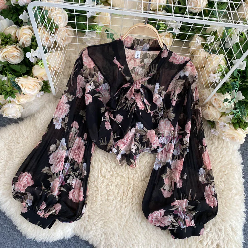 

Women Retro Bow Lantern Long Sleeve Pure Printed Shirt Lady New Fashion Elegant Blusas De Mujer Clothing Blouse Tops N979