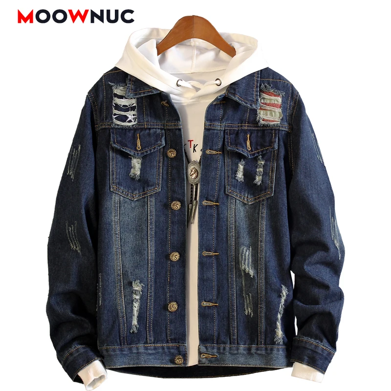 

Модное пальто для мужчин джинсовая куртка, мужская повседневная куртка отверстие 2021 однотонные Молодежные в стиле «хип-хоп» Streetdress в ковбой...