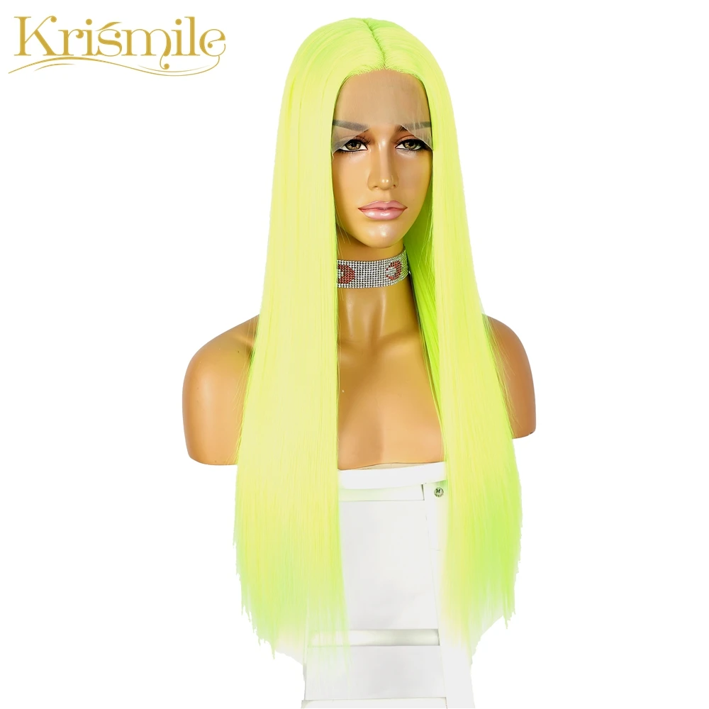 Длинный прямой синтетический кружевной парик неоново-желтый цвет T Средний