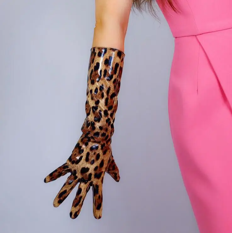 

Women's runway fashion leopard print PU leather glove lady's club performance formal party leather long slim glove 40cm R3023