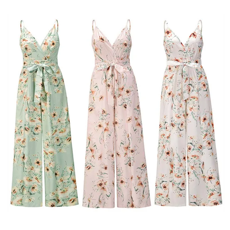 

2021 Summer Print Sleeveless Jumpsuit Women Boho Floral Long Jumpsuits Female Beach Sexy Romper Overalls for Women Wide Leg
