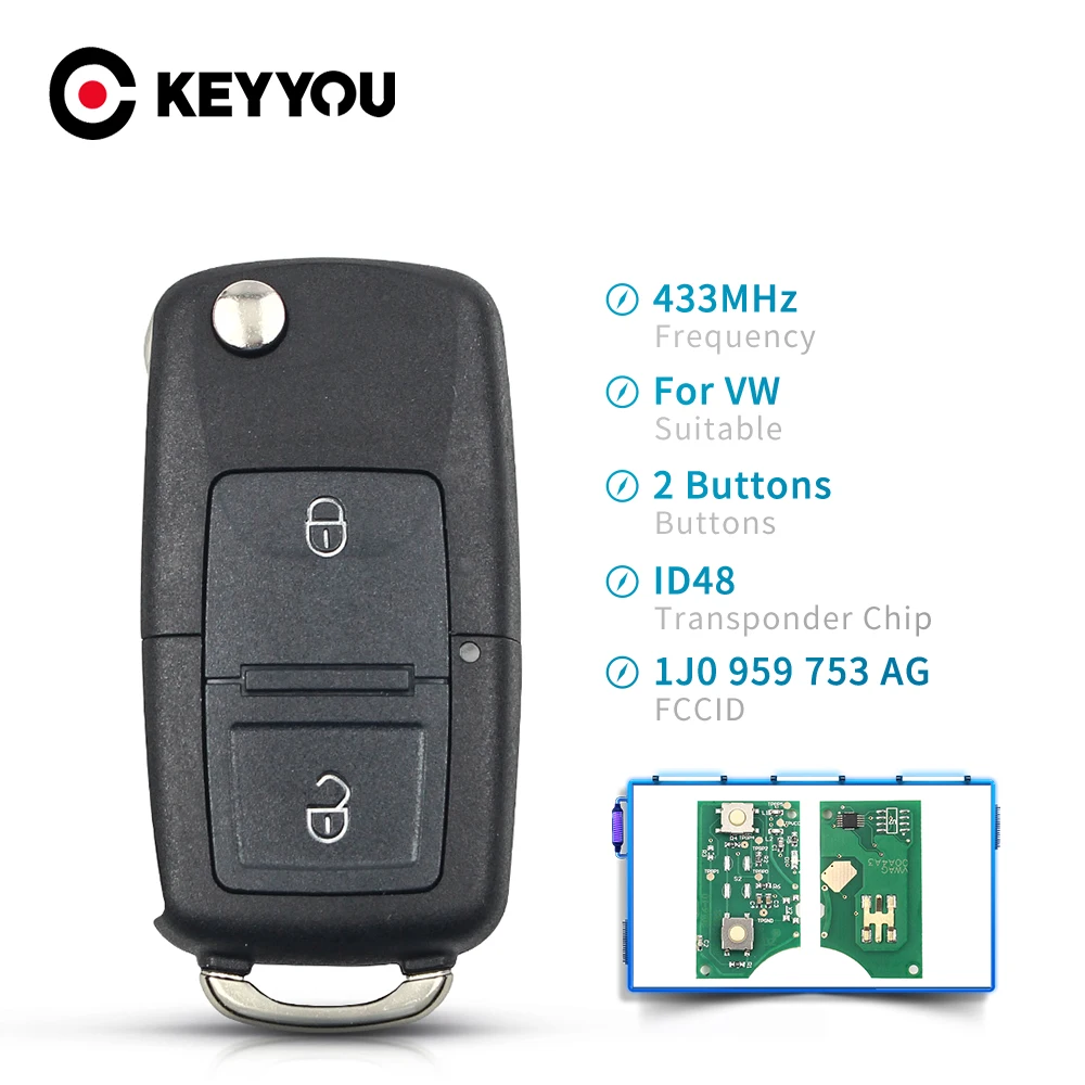KEYYOU 433 МГц 2 кнопки 1J0 959 753 AG автомобиля Удаленное брелок флип чехол для VW VolksWagen Beetle