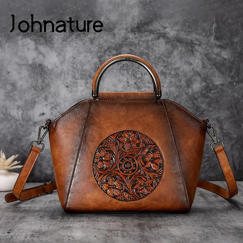 

Johnature Retro Totem Embossed Women Leather Bag Versatile Luxury Handbag Large Capacity Autumn New Shoulder Messenger Bags