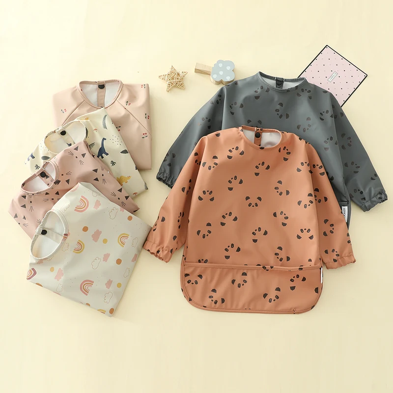 

Baby Kids Toddler Long Sleeve Scarf Waterproof Art Smock Feeding Bib Apron Pocket Infant Boys Girls Burp Cloth Bibs Drooling