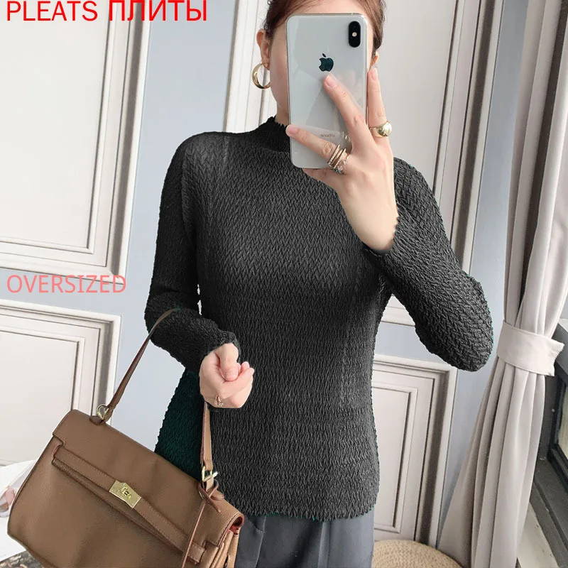 

MIYAKE Pleated Slim Top Women Elegant Bodycon Autumn New Base Shirt Women's Inner Small Turtleneck Thin Pleats Oversized T Shirt