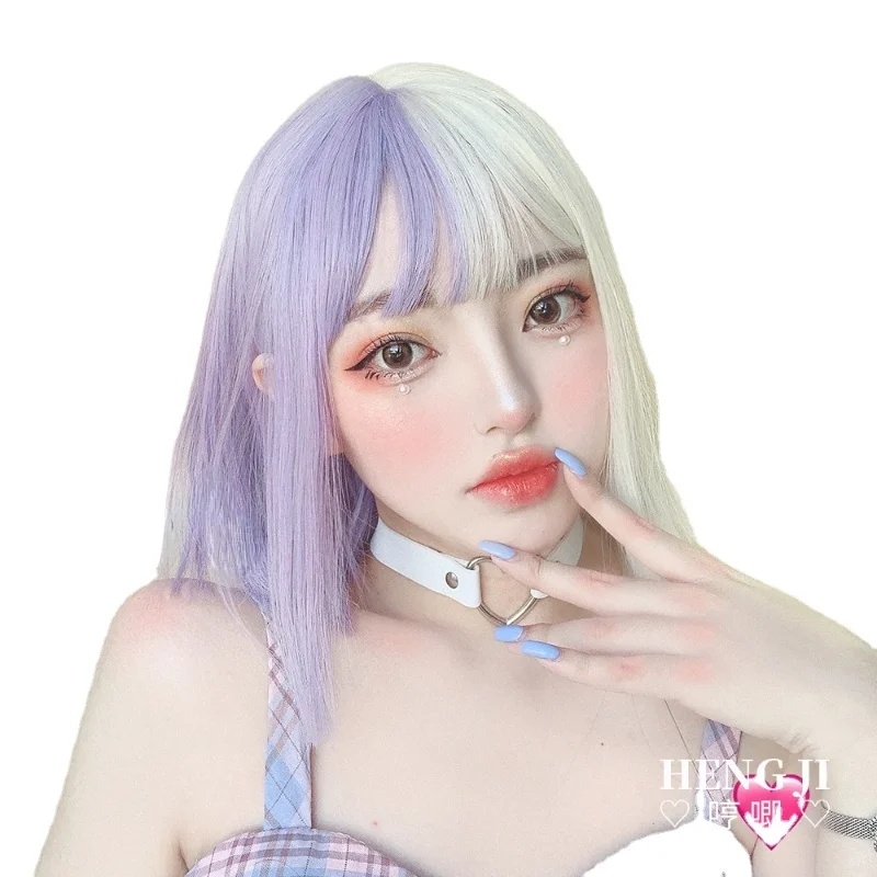 

Lolita White Double Wig Female Short Straight Hair Color Matching Round Face Harajuku Wig + Wig Set Cosplay Accessories Anime