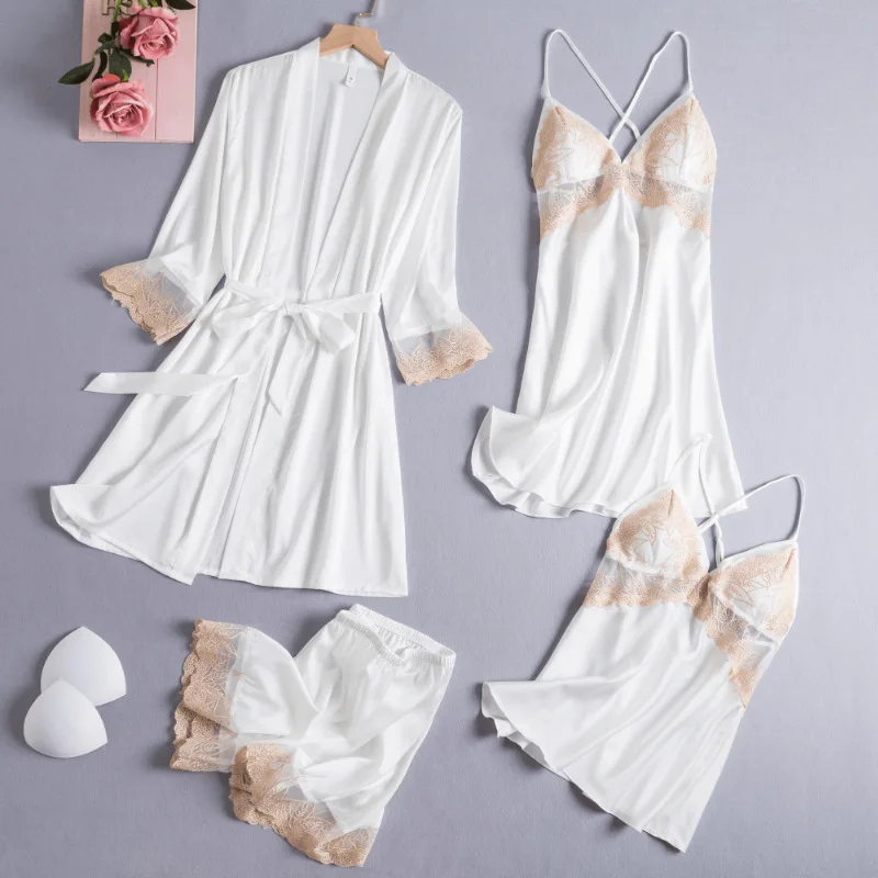 

4PCS Ice Silk Pajamas Sets Sexy Satin Robe Sets Bride Wedding Kimono Gown Strap Nightgown Lace Patchwork Bathrobe Pyjamas Suits