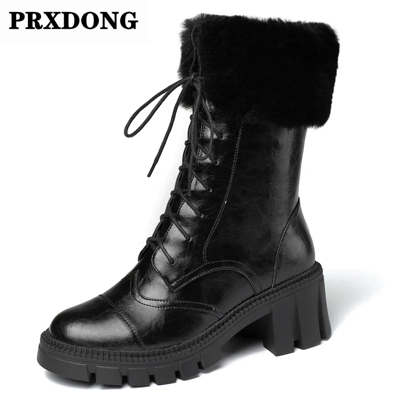 

New 2021 Autumn Winter Warm Shoes Woman Boots Black Genuine Leather Square High Heel Platform Women Mid Calf Boots Size 34-40