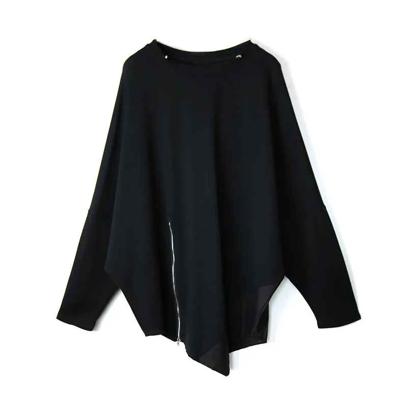 

SuperAen Zipper Irregular Autumn New Loose Personality Design Solid O Neck Top Woman Tshirts