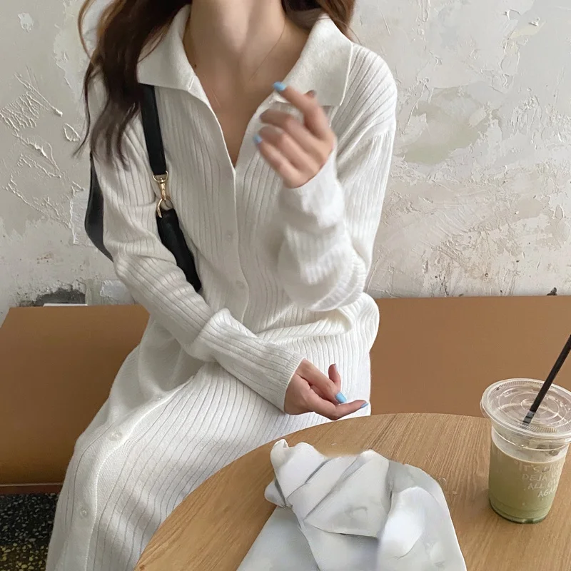 

Sweet Knitted Dress Women Long Sleeve Sweater Midi Dress 2021 Autumn Button Up Pure Color Dress Office Ladies Korean Fashion