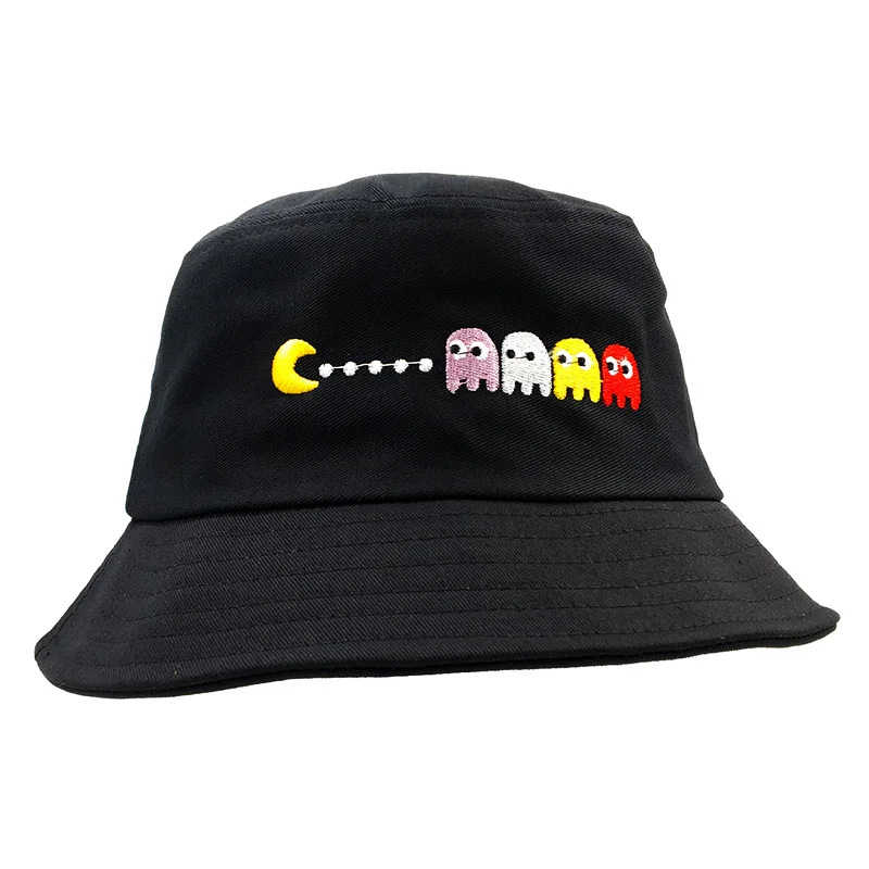 

2020 spring new solid color embroidery cartoon Panama bucket hat men and women shade fishing fisherman hat cute couple hat