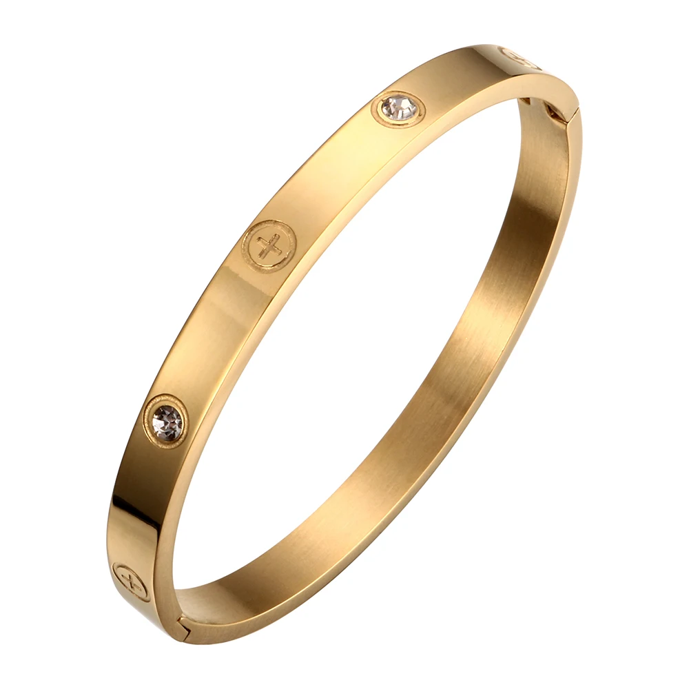 Женский и мужской браслет из нержавеющей стали золотистого цвета с кристаллами