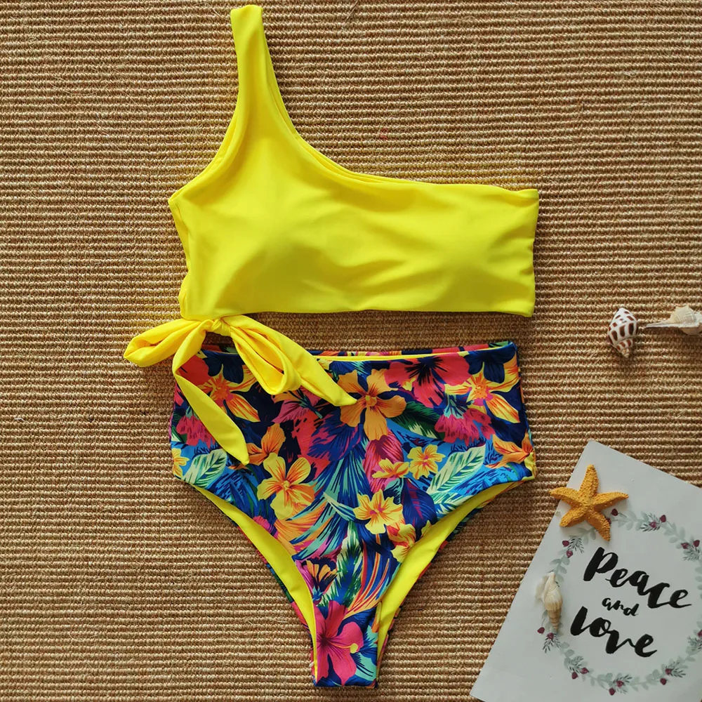 

2021 Summer Swimsuit Women New Floral Print High Waist One Shoulder Sexy Bow Deep V Split Mini Bikini Swimwear Female Beachwear