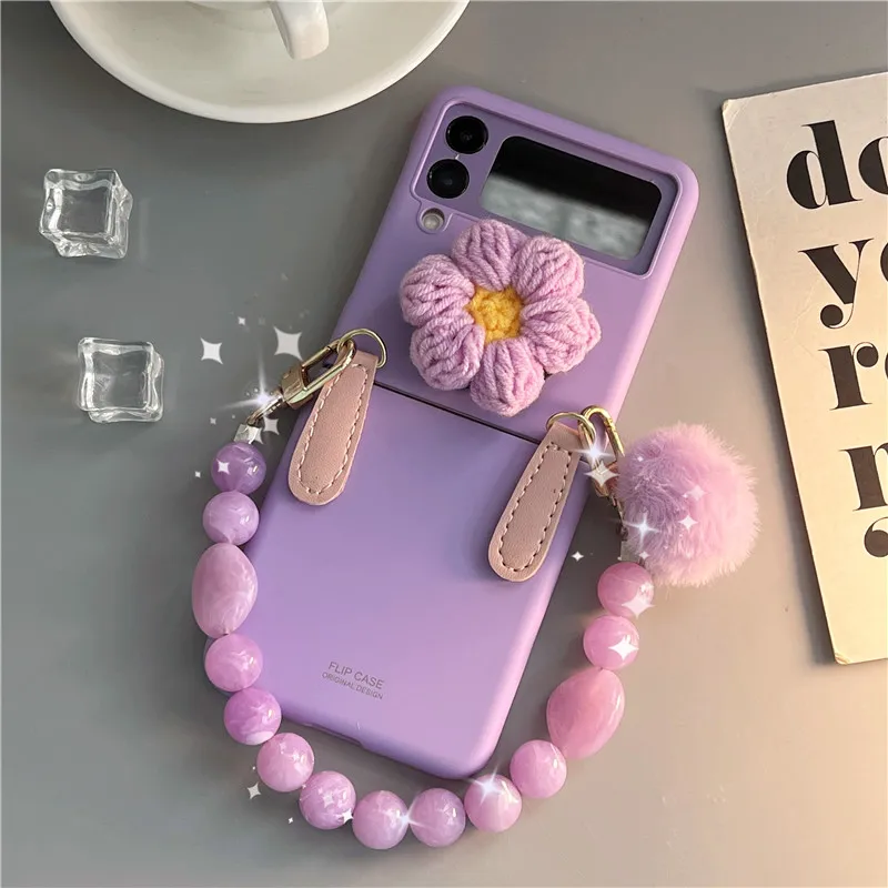 For Samsung ZFlip3 Cases Frosted Purple Knitted Yarn Purple Bracket Case for Samsung Galaxy Z FLIP3 Korean Original Bumper Cover