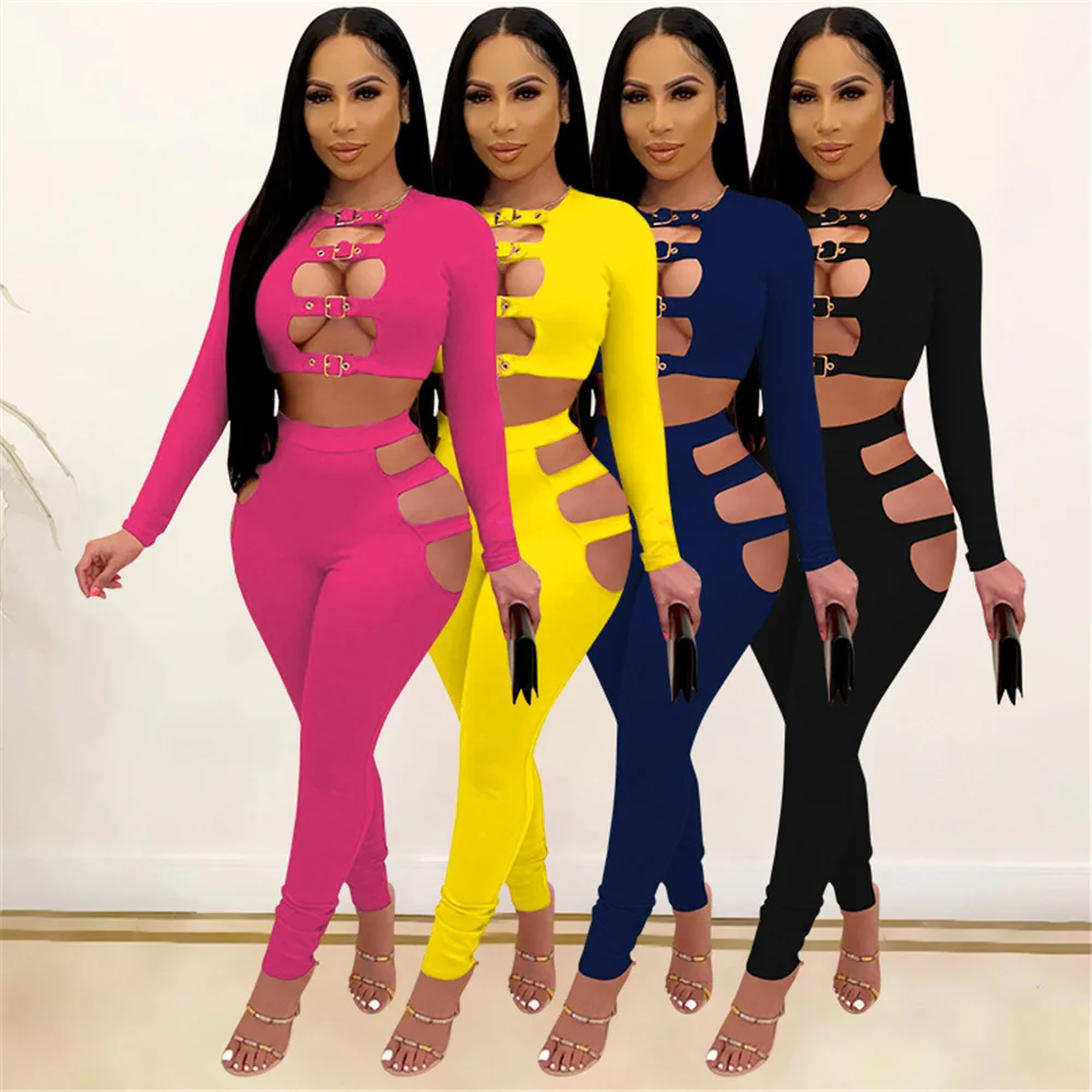 

Button Hollow Out Bandage Two Piece Set Women Sexy Crop Top + High Waist Leggings Birthday Party Club Matching Sets Outfits
