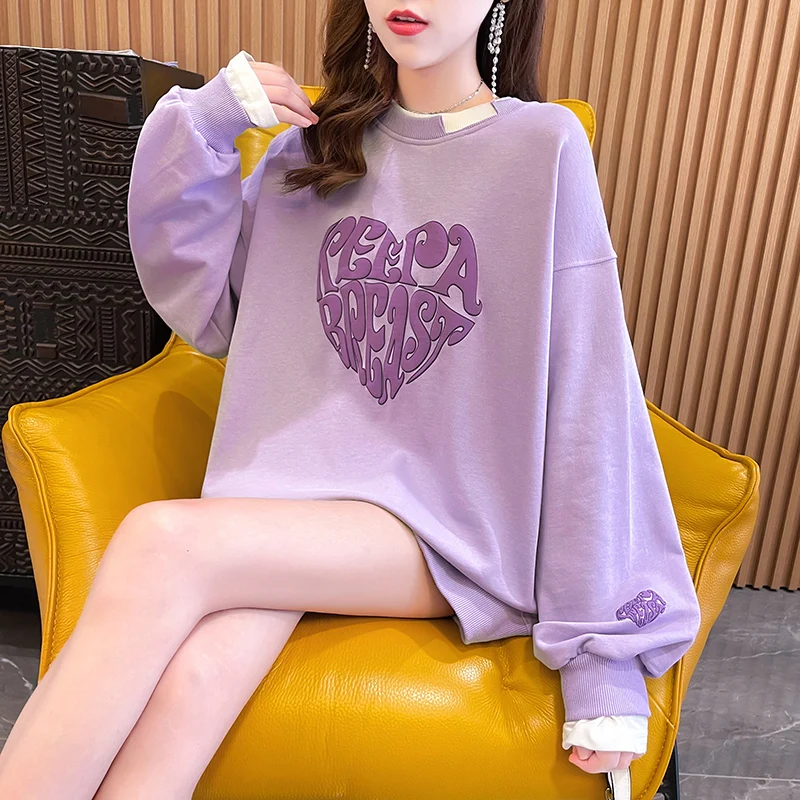 Женский пуловер с длинным рукавом круглым вырезом и принтом сердечек | Женская