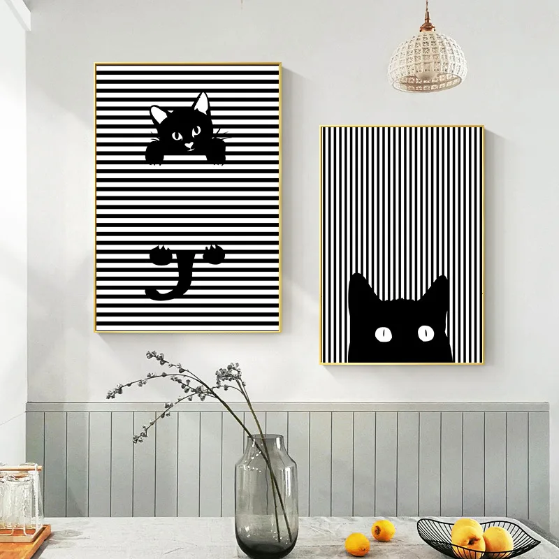 

Nordic Abstract Animal Decorative Painting Modern Black White Cat Playful Paints Living Room Canvas Poster Cool Home Decor Photo