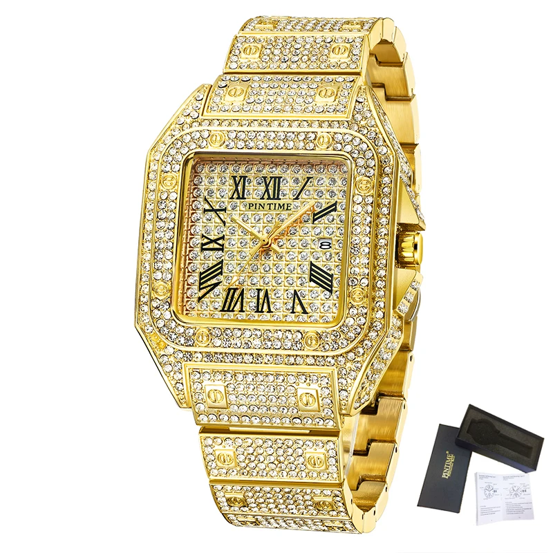 Хип-хоп Iced Out мужские часы с квадратным бриллиантом кварцевые роскошные мужские s наручные часы золотые римские часы с календарем стальные часы Relogio Masculino - Цвет: Gold With Box