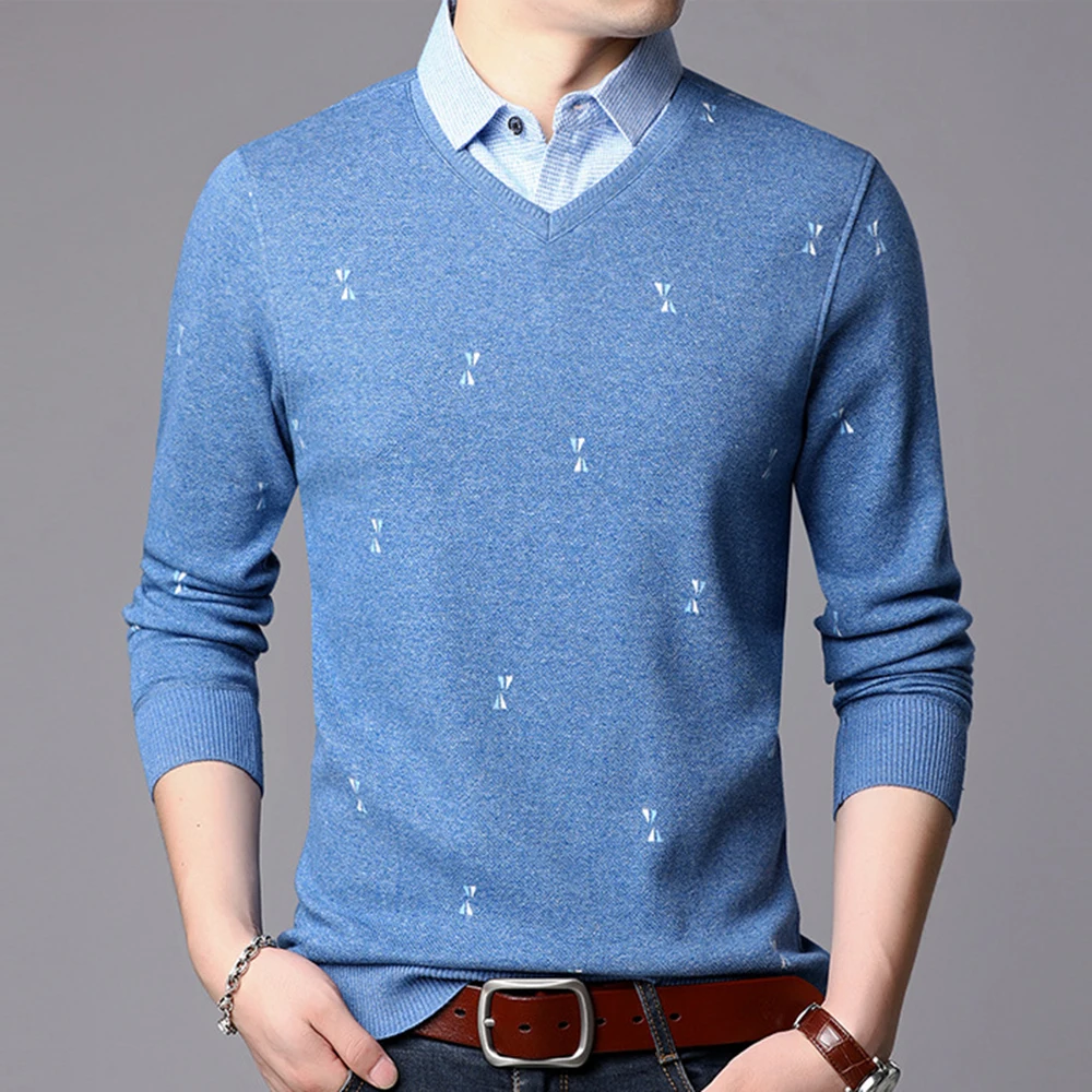 Shirt Collar Fake Two-piece Sweater Casual Men's Sweaters Pullovers Warm Fleece Long Sleeve Male Knittwear Tops Jumpers MZL056