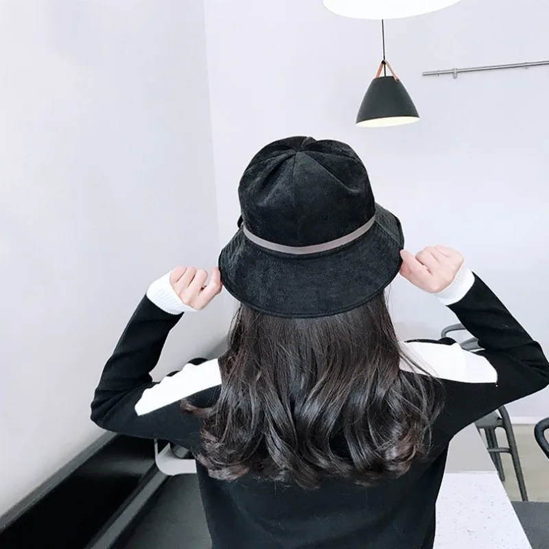 New Women's Casual Belt Basin Hat Autumn and Winter Corduroy Fisherman Hat Korean Version of The Wild Big Foldable Top Hat Tide