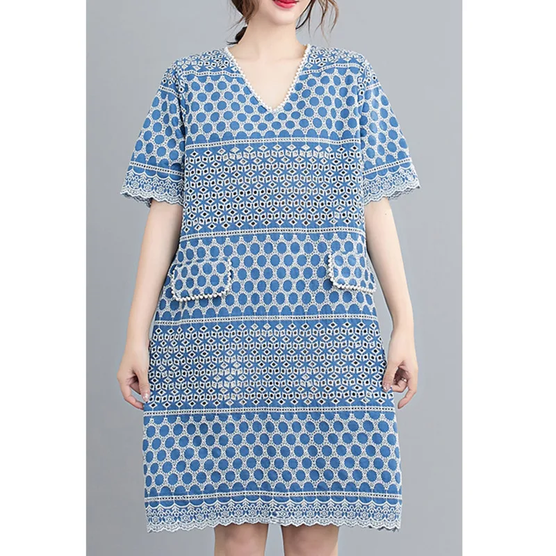 

Cut Out Pin Bead Embroidered Dress For Women 2021 Summer Short Sleeve V-neck Elegant Casual Dress Big Sizes Dresses For Women