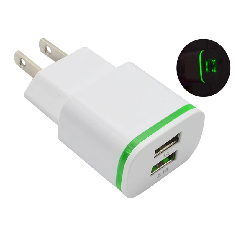 Светящееся зарядное устройство с двумя USB портами вилкой для ЕС и США дорожный